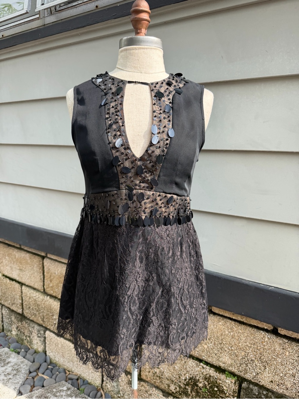 Y2K Black Silk Embellished Sequin and Lace Mini Cocktail Dress - Brand